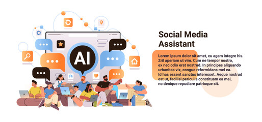 mix race people chatting on social media with ai helper bot assistant profile generation digital communication concept