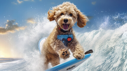 Sunny Side Surfing: Poodle Dog Enjoying the Waves on a Fun Day - Generative AI