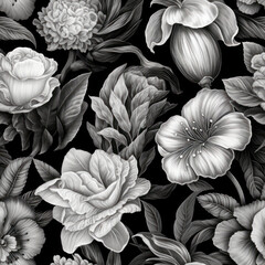 Black and White floral botanical flowers. Spring leaf engraved ink art. Seamless background pattern. Fabric wallpaper print texture. Tiled. Ai Generative illustration.