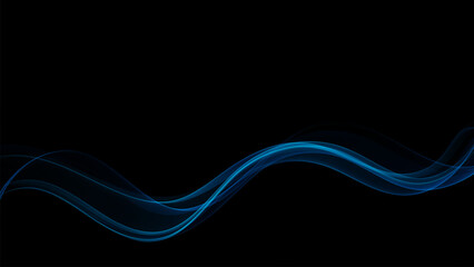 Abstract futuristic shiny blue wave design element on dark background.