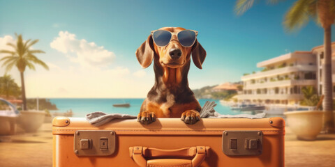 Dachshund's Tropical Retreat: Sunglasses and Beach Suitcase - travel and holiday concept. Generative AI