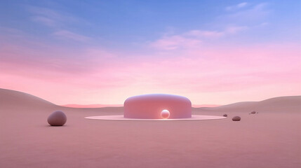 Fototapeta na wymiar Surreal dreamy ethereal desert landscape, hazy sand, transcendental aesthetic, art installation AI Generative art