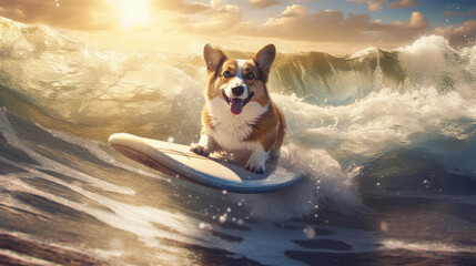 Surf's Up for Your Pembroke Welsh Corgi Pal: Close-Up Illustration of a Smiling Dog - Generative AI