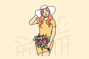 Smiling woman in hat posing with flowers on stairs. Happy girl holding bouquet enjoy summer day. Vector illustration. 