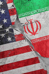 Illustration of the crack between the flags of the United States and Iran, the concept of a global crisis in political and economic relations - obrazy, fototapety, plakaty