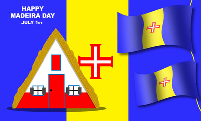 a triangular thatched-roofed house or so-called Santana traditional house and the Madeira flag fluttering against the background of the Madeira flag. commemorate Madeira Day – July 1
