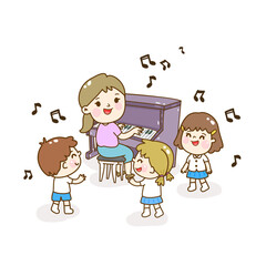 Cartoon teacher and student playing piano.