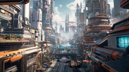 Fototapeta premium Cityscape set in a futuristic cyberpunk world, with towering skyscrapers, holographic advertisements, and bustling flying vehicles