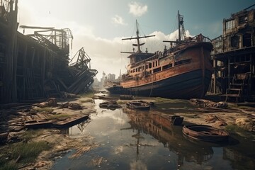 Post-apocalyptic city with abandoned seaport and ships. Generative AI