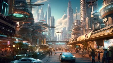 Cityscape set in a futuristic cyberpunk world, with towering skyscrapers, holographic advertisements, and bustling flying vehicles