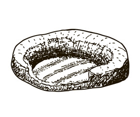 Dog or cat bed. Animal bed sketch isolated on white background. Pet accessory, comfortable crib, basket for rest.