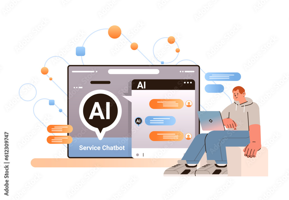 Poster man having dialog with chat bot asking questions and receiving answers ai chatbot assistance custome