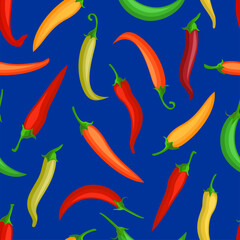 Vector illustration of a seamless pattern with chili peppers. Dark background. Mexican spicy vegetable, food flavoring decorative background. For textile, fabric design, wallpaper, wrapping paper