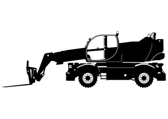 Silhouette of a modern rotating telehandler. Side view of telescopic handler. Vector. 
