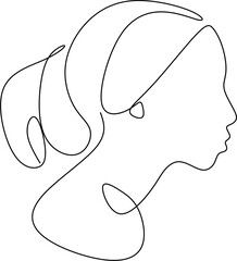 Girl in traditional ethnic headwear turban continuous line drawing, tattoo, print for clothes and logo design, t-shirt, african female silhouette single line on a white background, isolated vector.