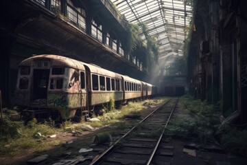 Fototapeta na wymiar Post-apocalyptic city with abandoned train station and trains. Generative AI