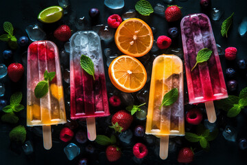 Healthy ice popsicles with fresh fruits. Generative AI illustration