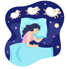 The girl counts sheep in her sleep. Cartoon woman lying in bed and counting sheep at night. The girl is sleeping, lambs are jumping around. Sleep disorder, insomnia, concept. Vector illustration