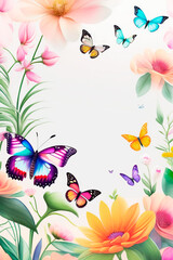 Illustration of butterflies and flowers with space for text. Generative AI.