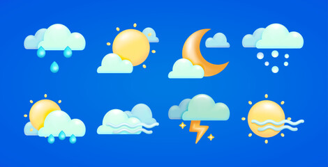 Modern 3d vector weather icon set. Vector symbol on blue background. Perfect for design assets
