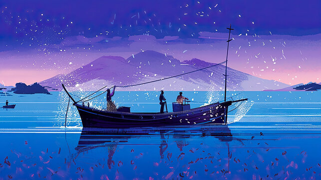 Colorful painting art of fishermen riding in a fishing boat on the Sea of ​​Galilee. Christian illustration.