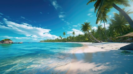 Fototapeta na wymiar Beautiful beach at Seychelles - nature and travel background, sand, palm tree, calm water. generative AI