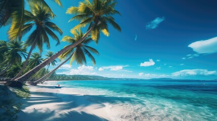 Tropical beach with palm trees, blue sky and white sand. generative AI