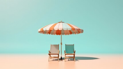 Beach chair with parasol on the sand. minimal illustration