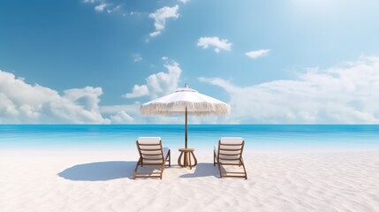 Obraz premium realist illustration of Beach chairs and umbrella on a tropical white sand beach in front of the calm ocean water. generative AI