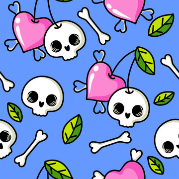 Cute skull vector seamless pattern on white with hearts and flowers. Multicolor Skulls background, Day of the Dead celebration. Seamless pattern with skulls. Vector illustration
