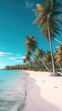 Beautiful tropical beach with coconut palm trees and blue sky - Vintage Filter. generative AI