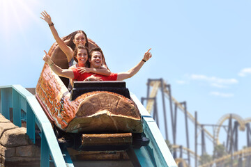 Friends cheering and riding log amusement park ride