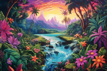 Fototapeta na wymiar An illustration of a vibrant tropical scene. Created with Generative AI technology