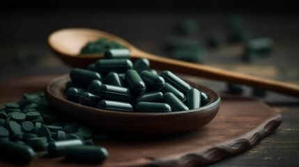 Green Organic Spirulina in algae pills tablets bamboo wood spoon rich in iron Close-up Super food concept healthy. Generative ai.