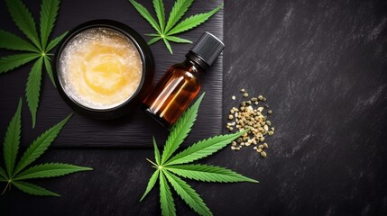 Fototapeta na wymiar Natural cosmetic concept containing cannabis. Moisturizing cream with CBD oil, hemp leaf and hemp seed on a black table, Generative AI