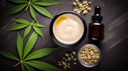 Obraz na płótnie Canvas Natural cosmetic concept containing cannabis. Moisturizing cream with CBD oil, hemp leaf and hemp seed on a black table, Generative AI