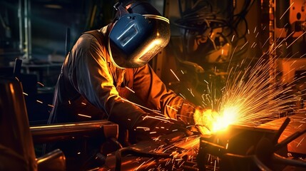 Skilled welder in action as he uses a welding torch to fuse metal together. Generative AI