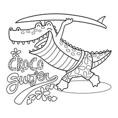 Fototapeta premium Illustration in black and white of a crocodile with a surfboard ready to surf, coloring page