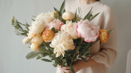 Female florist making beautiful bouquet white and pink peonies, closeup. Generative AI