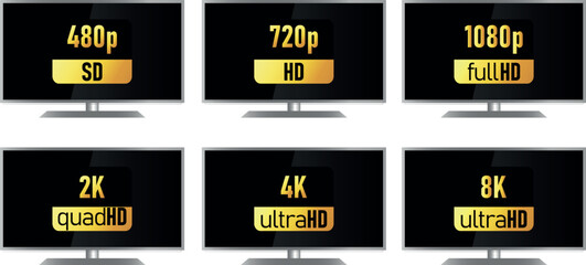 Naklejka premium Monitro, TV Size Resolution. 480, 720, 1080, 2k, 4K, 8k Ultra HD logos with HDR mention, screen display resolution.