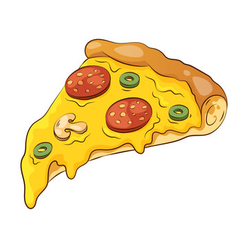 Slice of pizza with pepperoni, mushrooms and olives. Vector illustration