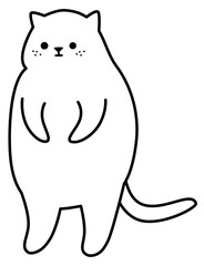 Fat funny cat standing on two paws. Vector linear black and white illustration. 
