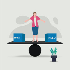 Businesswoman trying to balance between WANT and NEED design vector illustration