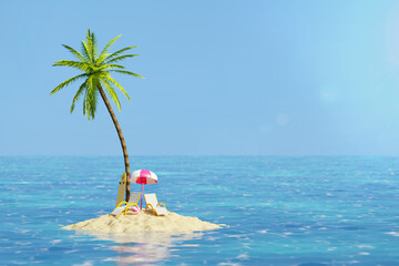 Creative 3d collage summer resort lost island ocean huge palm tree sand beach two sunbed surfboard template isolated on ocean background