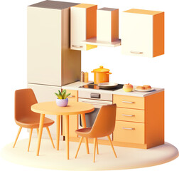 Vector modern kitchen with dining table. Kitchen furniture, fridge, stove and oven