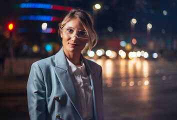 business woman with cyborg bionic arm and augmented reality visor.