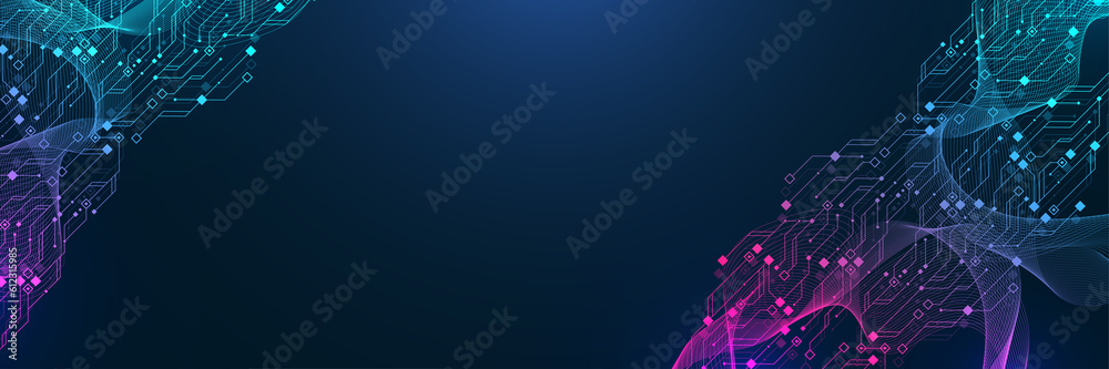 Poster Quantum computer technologies concept. Futuristic blue circuit board background. Modern technology circuit board texture background design. Waves flow. Quantum explosion technology, illustration