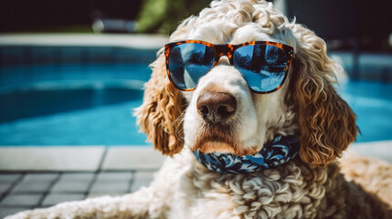 Groovy dog sitting by the pool wearing sunglasses in the summertime