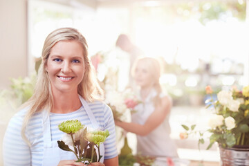 Obraz na płótnie Canvas Portrait smiling florist holding spider mums in flower shop