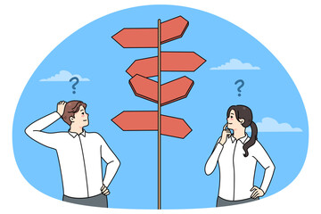 Confused employees standing near direction sign frustrated making decision together. Colleagues unsure about financial decision thinking and brainstorming. Dilemma. Vector illustration.